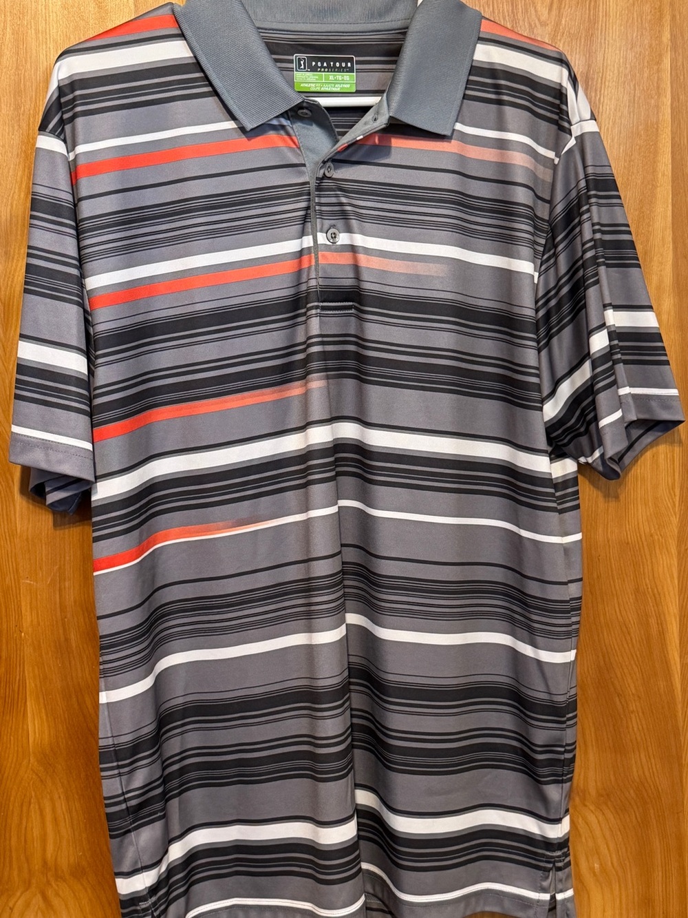 PGA Tour Gray Polo with Black, White and Orange/Red Stripes